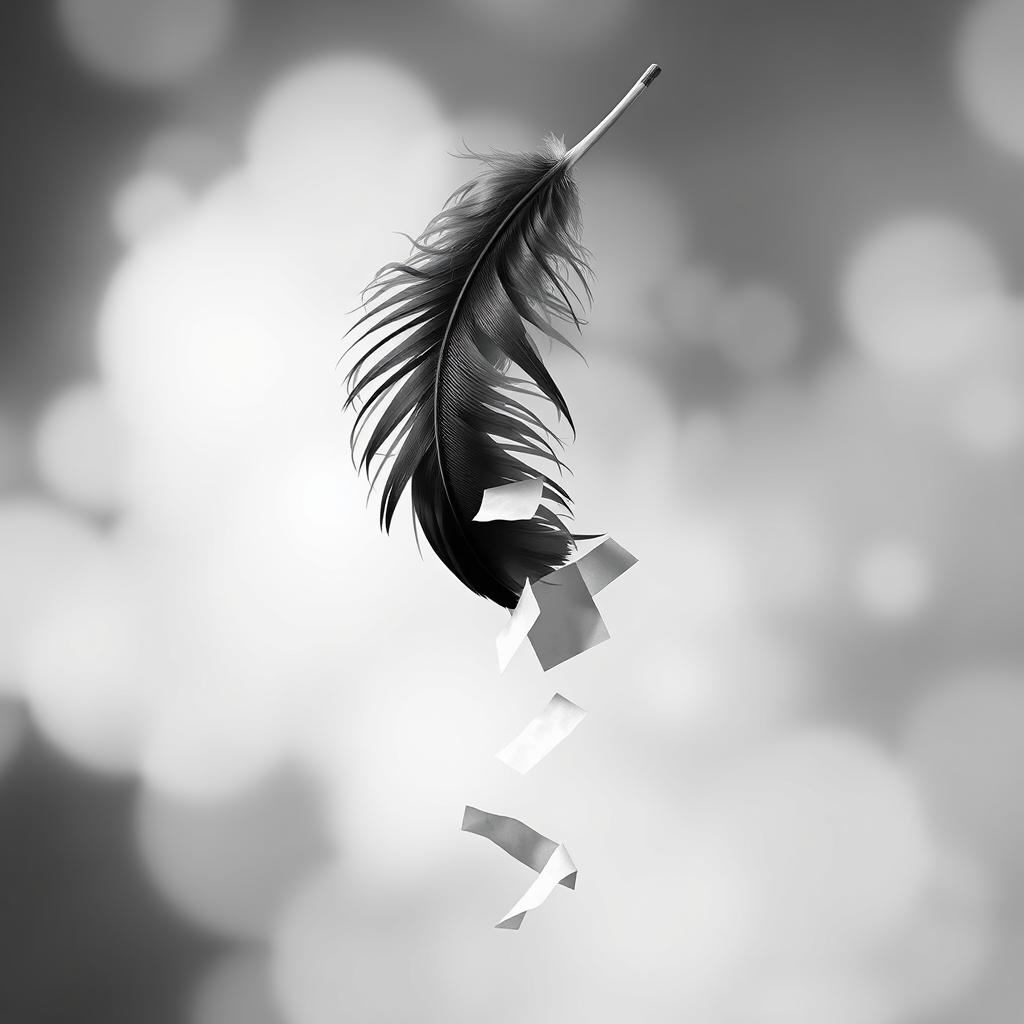 A captivating black and white image featuring a floating feather elegantly dropping papers in a whimsical manner