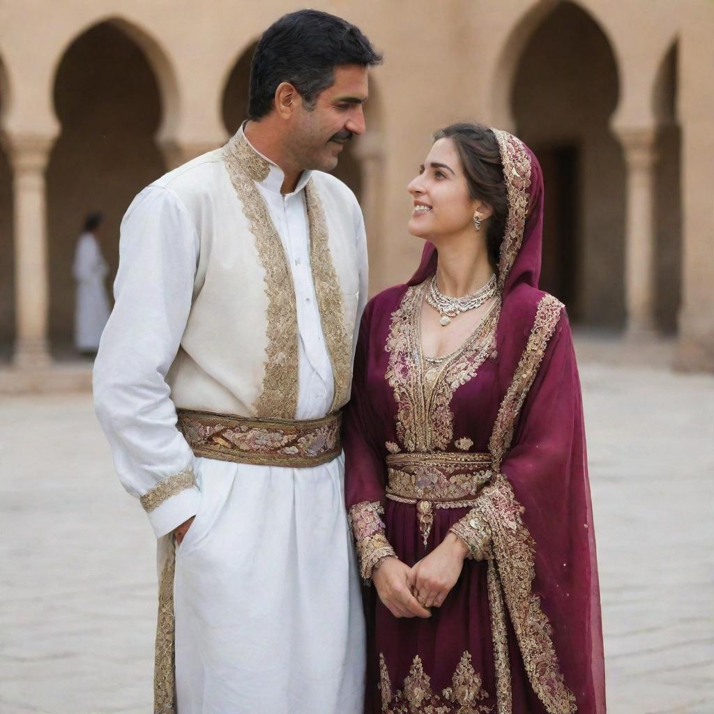 A romantic scene of a Kurdish man in traditional clothes with his Arab lady in beautiful attire, both looking affectionately at each other.