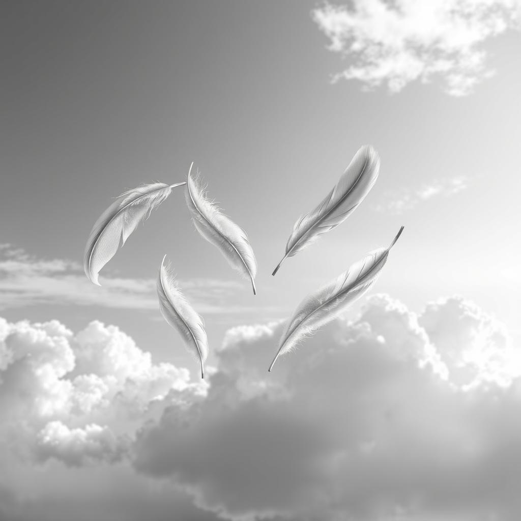 A stunning black and white illustration symbolizing love through the imagery of feathers against a serene sky background