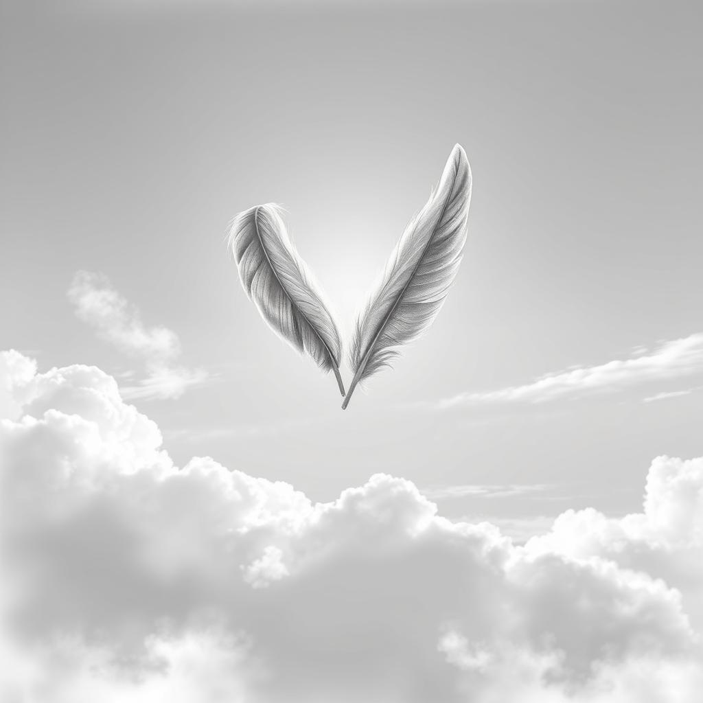 A stunning black and white illustration symbolizing love through the imagery of feathers against a serene sky background