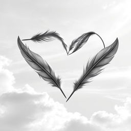 A stunning black and white illustration symbolizing love through the imagery of feathers against a serene sky background