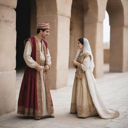 A romantic scene of a Kurdish man in traditional clothes with his Arab lady in beautiful attire, both looking affectionately at each other.