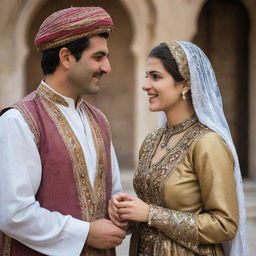 A romantic scene of a Kurdish man in traditional clothes with his Arab lady in beautiful attire, both looking affectionately at each other.