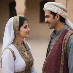 A romantic scene of a Kurdish man in traditional clothes with his Arab lady in beautiful attire, both looking affectionately at each other.