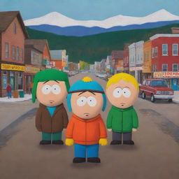 A realistic depiction of South Park's characters in their small-town environment, painted with earthy, vivid hues that evoke a sense of reality yet retain the show's iconic charm.