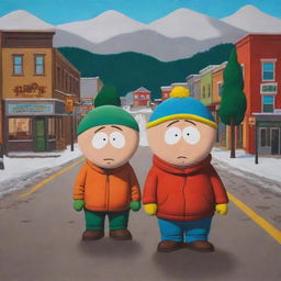 A realistic depiction of South Park's characters in their small-town environment, painted with earthy, vivid hues that evoke a sense of reality yet retain the show's iconic charm.