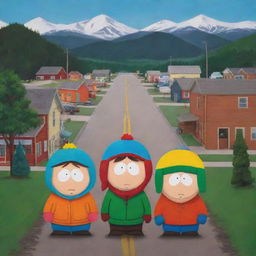 A realistic depiction of South Park's characters in their small-town environment, painted with earthy, vivid hues that evoke a sense of reality yet retain the show's iconic charm.