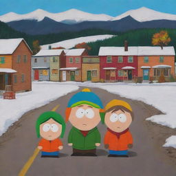 A realistic depiction of South Park's characters in their small-town environment, painted with earthy, vivid hues that evoke a sense of reality yet retain the show's iconic charm.