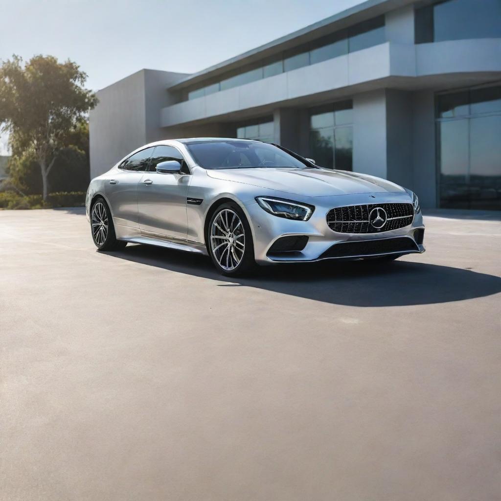 Generate a high-end, sleek luxury car with a metallic silver finish under a bright sunlit sky.