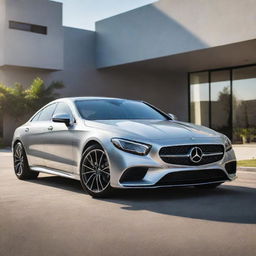 Generate a high-end, sleek luxury car with a metallic silver finish under a bright sunlit sky.