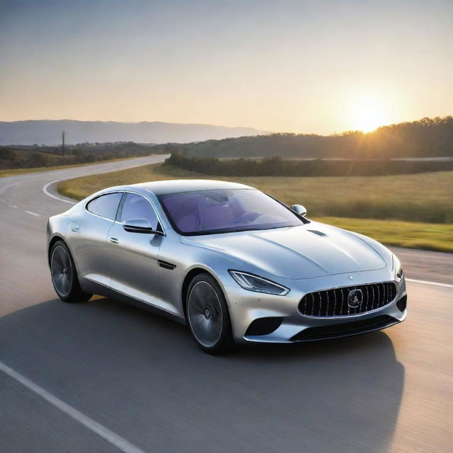 Generate a high-end, sleek luxury car with a metallic silver finish under a bright sunlit sky.