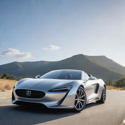 Generate a high-end, sleek luxury car with a metallic silver finish under a bright sunlit sky.