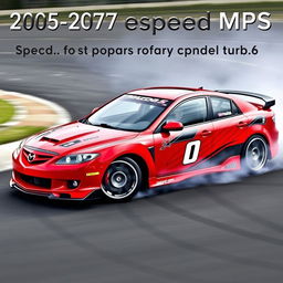 A 2005-2007 Mazda Speed 6 MPS in a dynamic drifting pose, showcasing its sleek aerodynamic design and aggressive styling