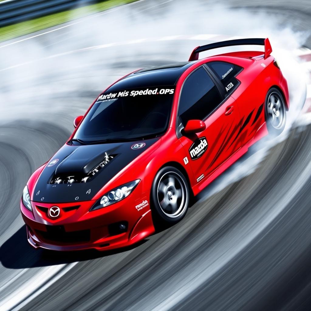 A 2005-2007 Mazda Speed 6 MPS in a dynamic drifting pose, showcasing its sleek aerodynamic design and aggressive styling