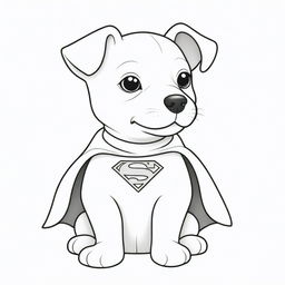 A delightful, two-dimensional black and white outline of a puppy dressed as Superman for a colouring page.