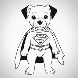 A delightful, two-dimensional black and white outline of a puppy dressed as Superman for a colouring page.