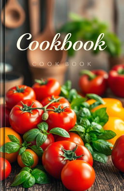 A beautifully designed cookbook cover featuring an array of vibrant, fresh ingredients such as ripe tomatoes, green basil, and colorful bell peppers elegantly arranged on a rustic wooden table