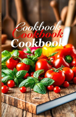 A beautifully designed cookbook cover featuring an array of vibrant, fresh ingredients such as ripe tomatoes, green basil, and colorful bell peppers elegantly arranged on a rustic wooden table