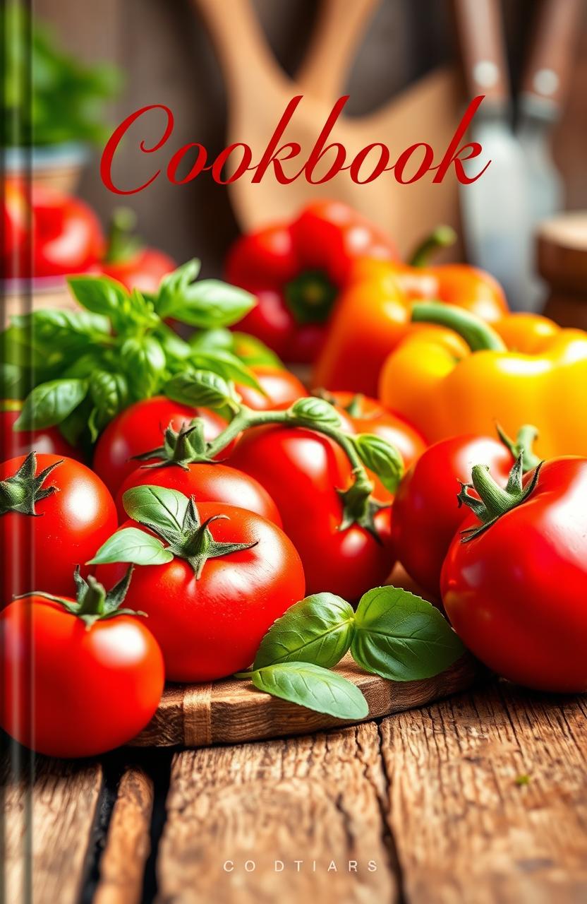 A beautifully designed cookbook cover featuring an array of vibrant, fresh ingredients such as ripe tomatoes, green basil, and colorful bell peppers elegantly arranged on a rustic wooden table