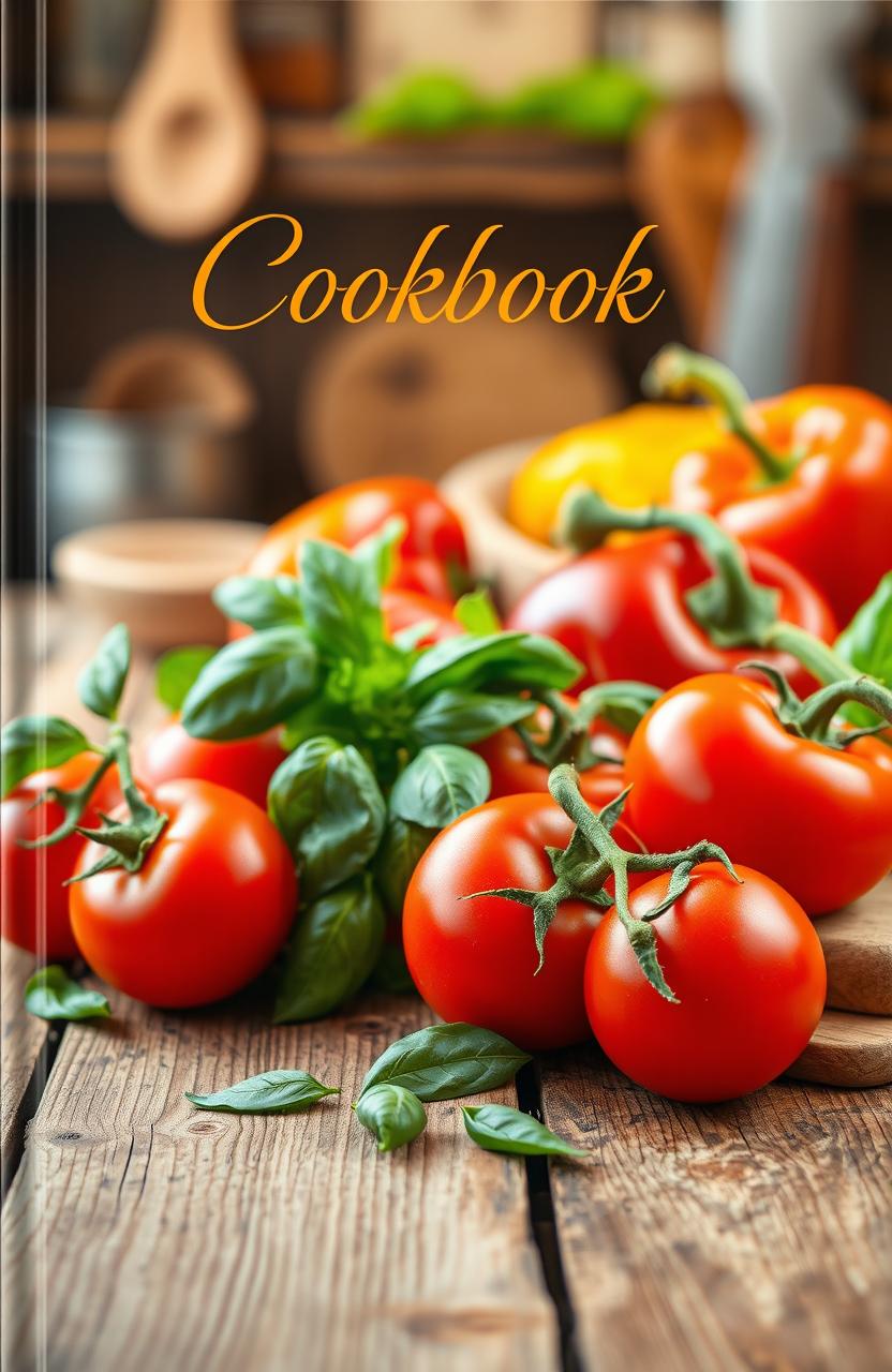 A beautifully designed cookbook cover featuring an array of vibrant, fresh ingredients such as ripe tomatoes, green basil, and colorful bell peppers elegantly arranged on a rustic wooden table