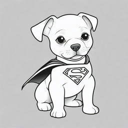 A delightful, two-dimensional black and white outline of a puppy dressed as Superman for a colouring page.