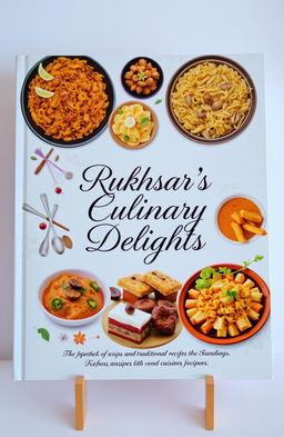 A beautifully designed cookbook titled "Rukhsar's Culinary Delights" featuring an array of exotic and traditional recipes from various cuisines