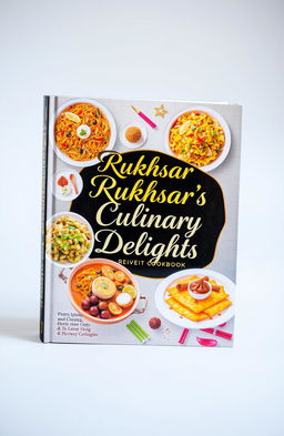 A beautifully designed cookbook titled "Rukhsar's Culinary Delights" featuring an array of exotic and traditional recipes from various cuisines