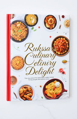 A beautifully designed cookbook titled "Rukhsar's Culinary Delights" featuring an array of exotic and traditional recipes from various cuisines