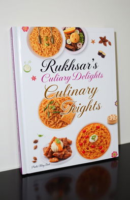 A beautifully designed cookbook titled "Rukhsar's Culinary Delights" featuring an array of exotic and traditional recipes from various cuisines
