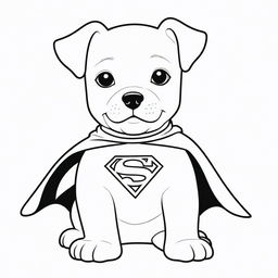 A delightful, two-dimensional black and white outline of a puppy dressed as Superman for a colouring page.