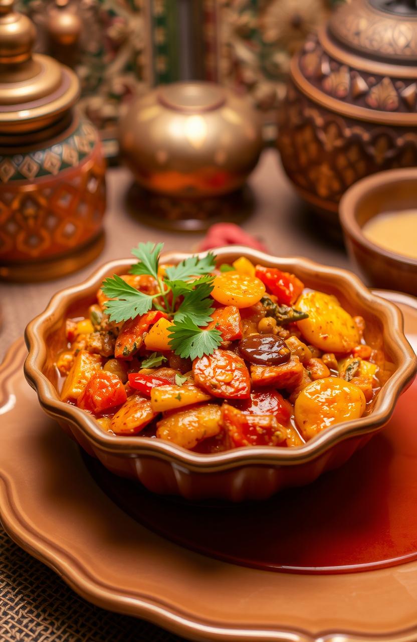 A beautifully presented dish of Rukhsar ka tarka, showcasing vibrant spices and an assortment of colorful vegetables