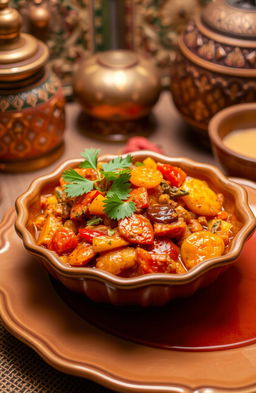 A beautifully presented dish of Rukhsar ka tarka, showcasing vibrant spices and an assortment of colorful vegetables