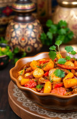 A beautifully presented dish of Rukhsar ka tarka, showcasing vibrant spices and an assortment of colorful vegetables