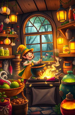 A whimsical scene depicting a magical cook in an enchanting kitchen filled with sparkling spices and glowing potions