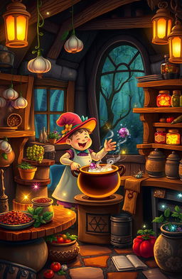 A whimsical scene depicting a magical cook in an enchanting kitchen filled with sparkling spices and glowing potions