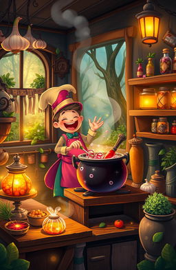 A whimsical scene depicting a magical cook in an enchanting kitchen filled with sparkling spices and glowing potions