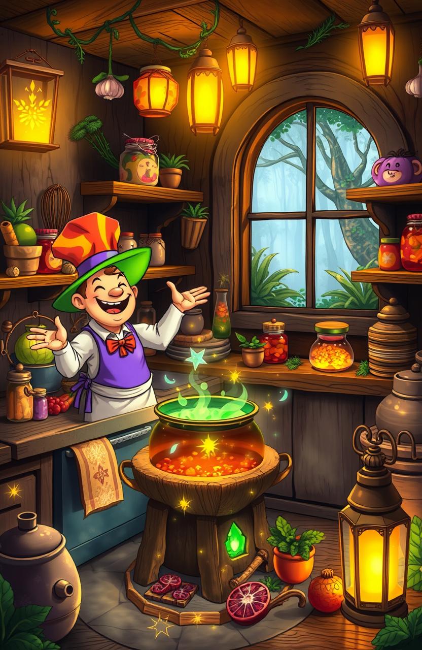 A whimsical scene depicting a magical cook in an enchanting kitchen filled with sparkling spices and glowing potions