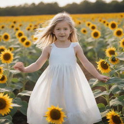 Create an image of a young girl playing in a sunflower field on a sunny day, wearing a white flowing dress with her hair in pigtails.