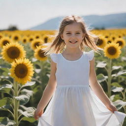 Create an image of a young girl playing in a sunflower field on a sunny day, wearing a white flowing dress with her hair in pigtails.