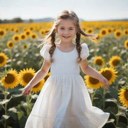 Create an image of a young girl playing in a sunflower field on a sunny day, wearing a white flowing dress with her hair in pigtails.