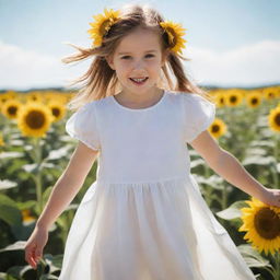 Create an image of a young girl playing in a sunflower field on a sunny day, wearing a white flowing dress with her hair in pigtails.