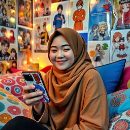 A young woman wearing a hijab, sitting alone and smiling as she enjoys her favorite K-pop music while holding an anime-themed phone case