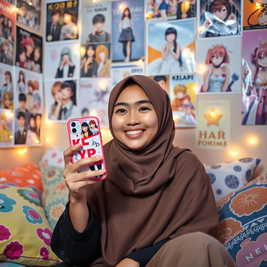 A young woman wearing a hijab, sitting alone and smiling as she enjoys her favorite K-pop music while holding an anime-themed phone case