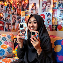 A young woman wearing a hijab, sitting alone and smiling as she enjoys her favorite K-pop music while holding an anime-themed phone case