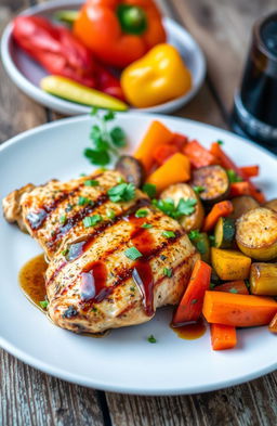 A beautifully plated chicken dish, featuring succulent grilled chicken breast marinated in herbs and spices, served alongside a vibrant medley of roasted vegetables including bell peppers, carrots, and zucchini