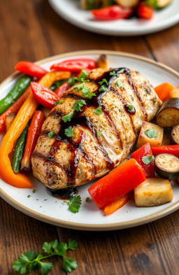 A beautifully plated chicken dish, featuring succulent grilled chicken breast marinated in herbs and spices, served alongside a vibrant medley of roasted vegetables including bell peppers, carrots, and zucchini