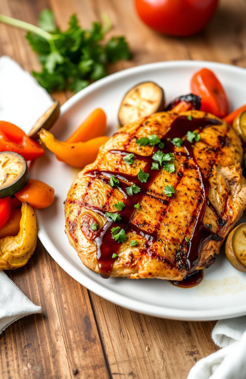 A beautifully plated chicken dish, featuring succulent grilled chicken breast marinated in herbs and spices, served alongside a vibrant medley of roasted vegetables including bell peppers, carrots, and zucchini