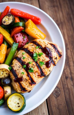 A beautifully plated chicken dish, featuring succulent grilled chicken breast marinated in herbs and spices, served alongside a vibrant medley of roasted vegetables including bell peppers, carrots, and zucchini