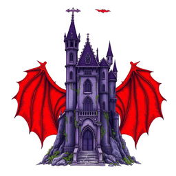 An ancient purple castle with intricate architectural details, set against a backdrop of large, vivid red devil wings, all over a stark white background