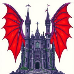 An ancient purple castle with intricate architectural details, set against a backdrop of large, vivid red devil wings, all over a stark white background